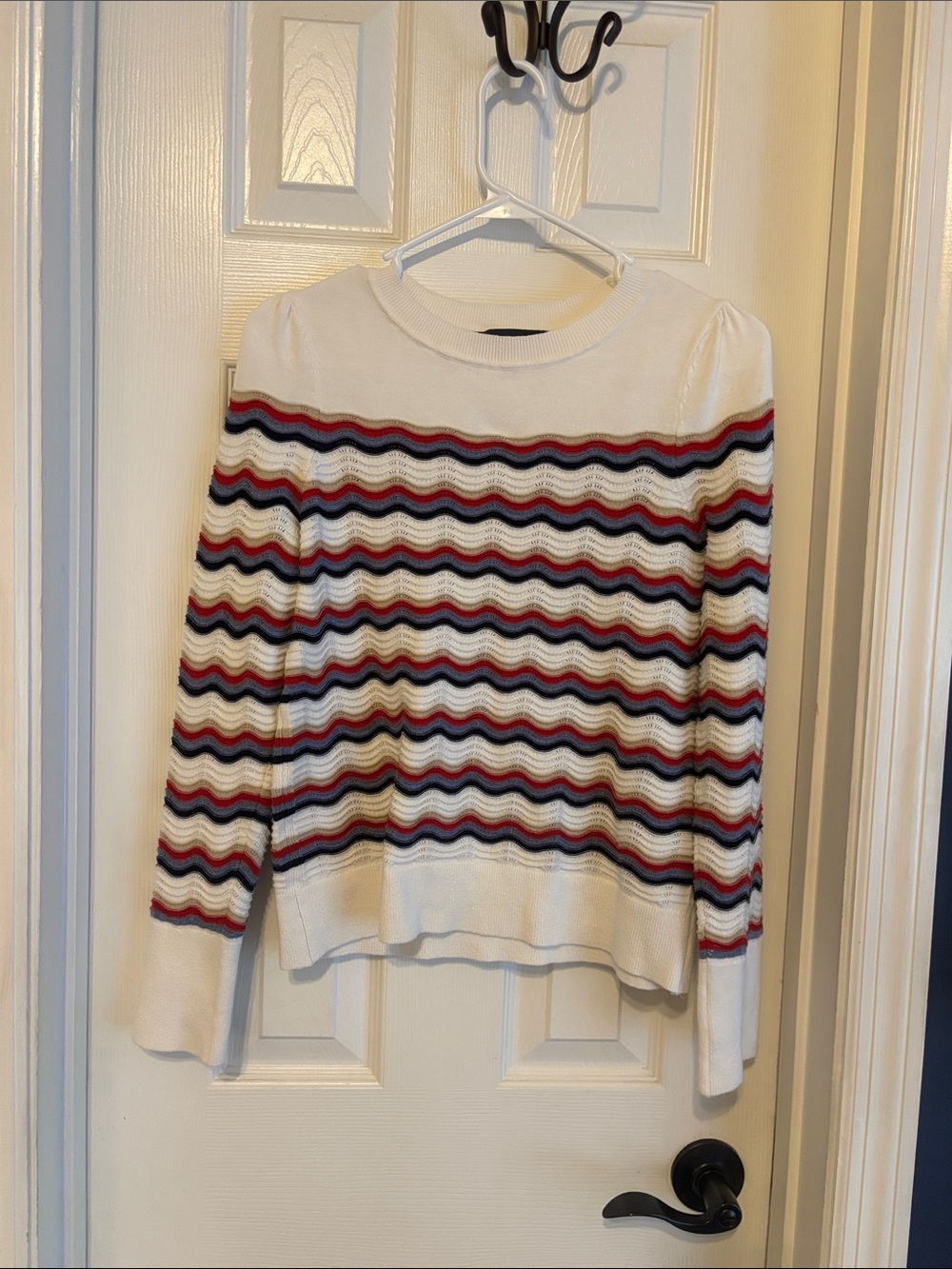 Tommy Hilfiger White Long Sleeve Sweater with Red and Navy Wave Stripes